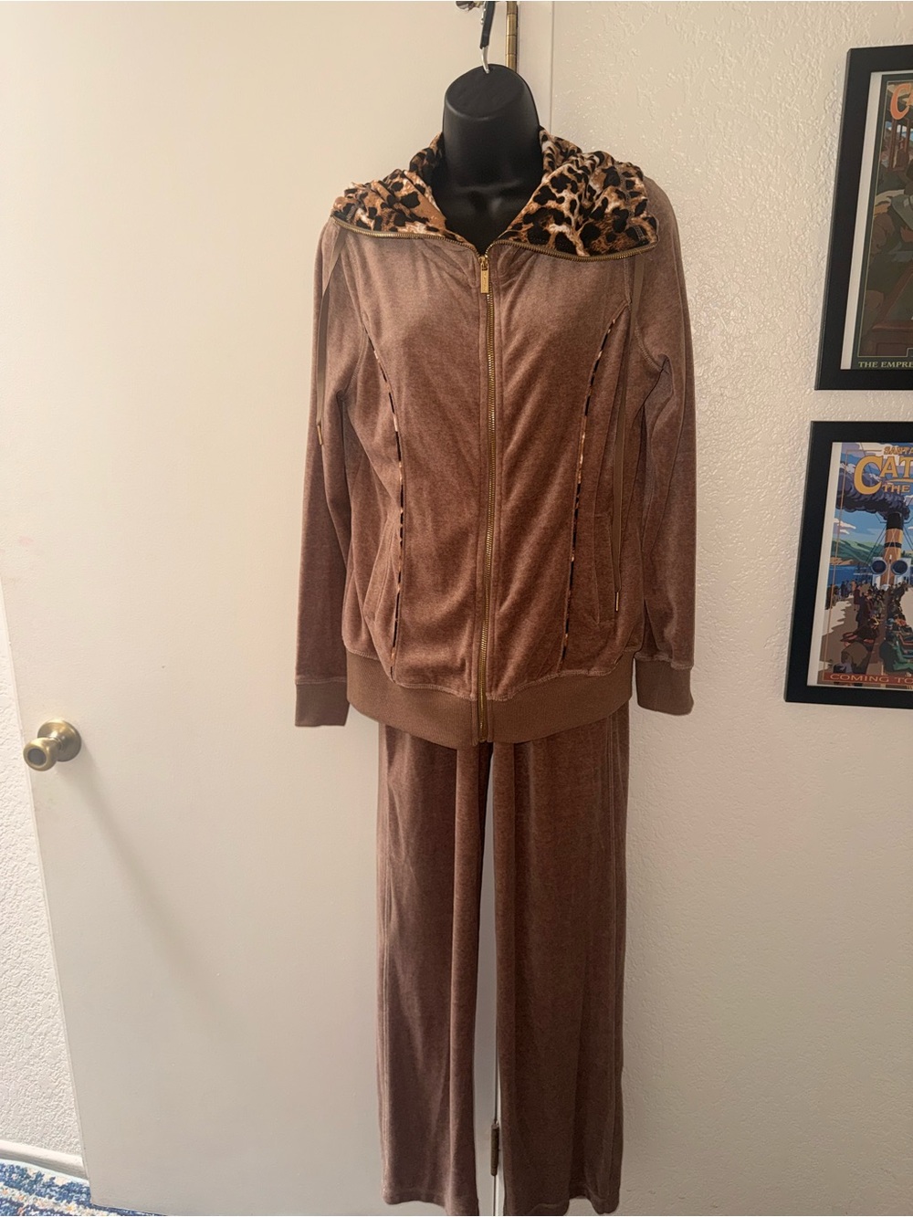 Calvin Klein Velour Tracksuit Set Brown Leopard Print Hood Gold Zip Y2K Size S - Picture 7 of 12